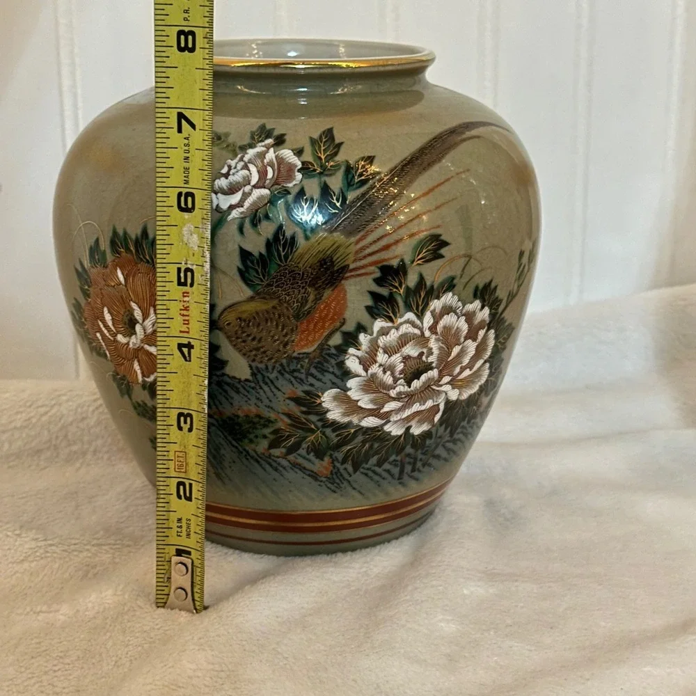 Satsuma Floral Bird Vase Home Decor 8 Green Excellent Crackle Glaze Peony Vntge